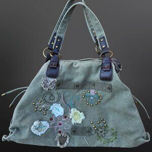 Y2K Floral Embroidered Studded Shoulder Bag Green Canvas Fairy Boho Grunge